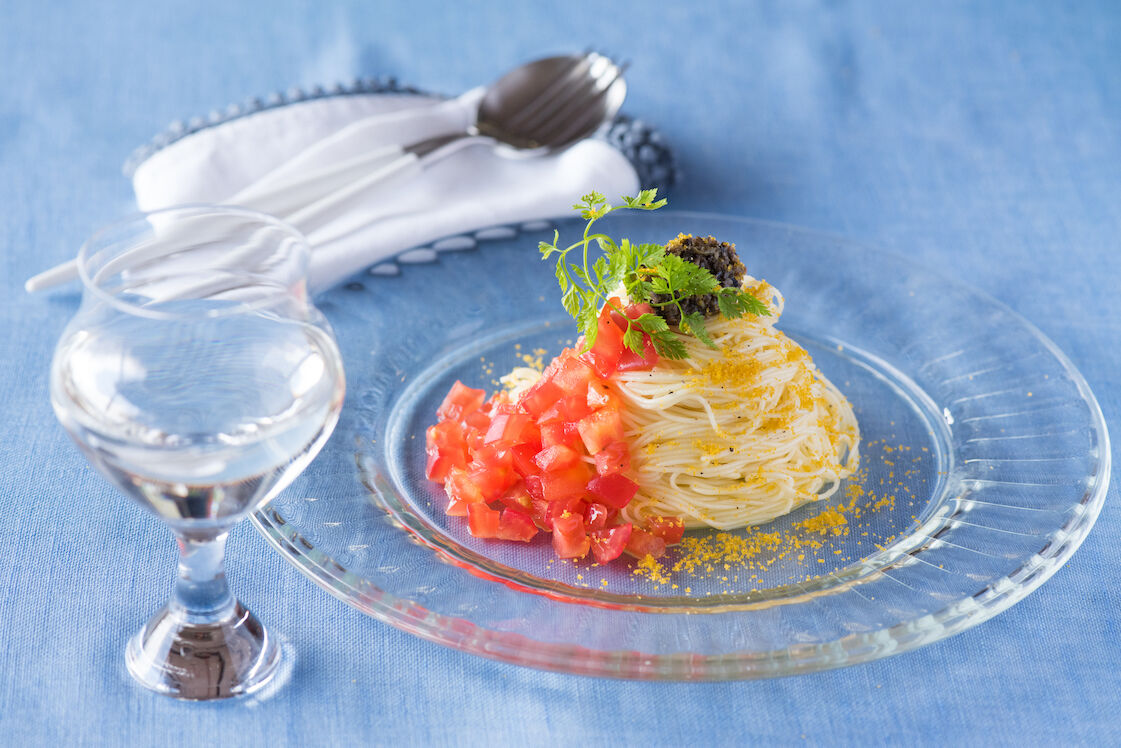 フルーツトマトの冷製パスタ からすみがけ20190815-2